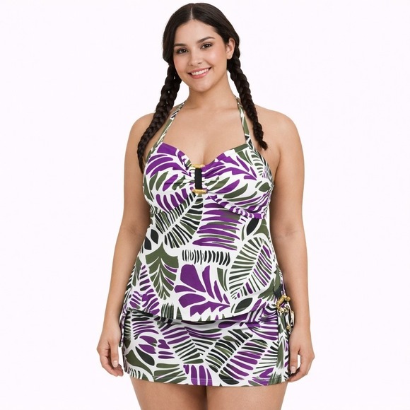 Lands' End Other - LANDS' END Size 18 Two Piece Tropical‎ Palm Leaf Halter Tankini Top Swim Skirt